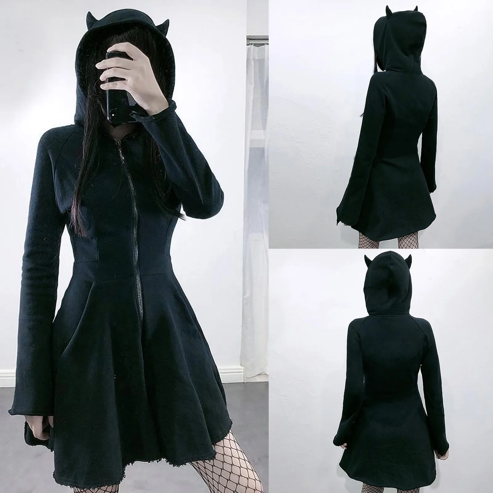 Gothic Black Slim Sweatshirt Dress Fashion Cat Ears Hooded Zip Sweatshirt Dress Women\'s Streetwear Solid Long Sleeve Hoodies