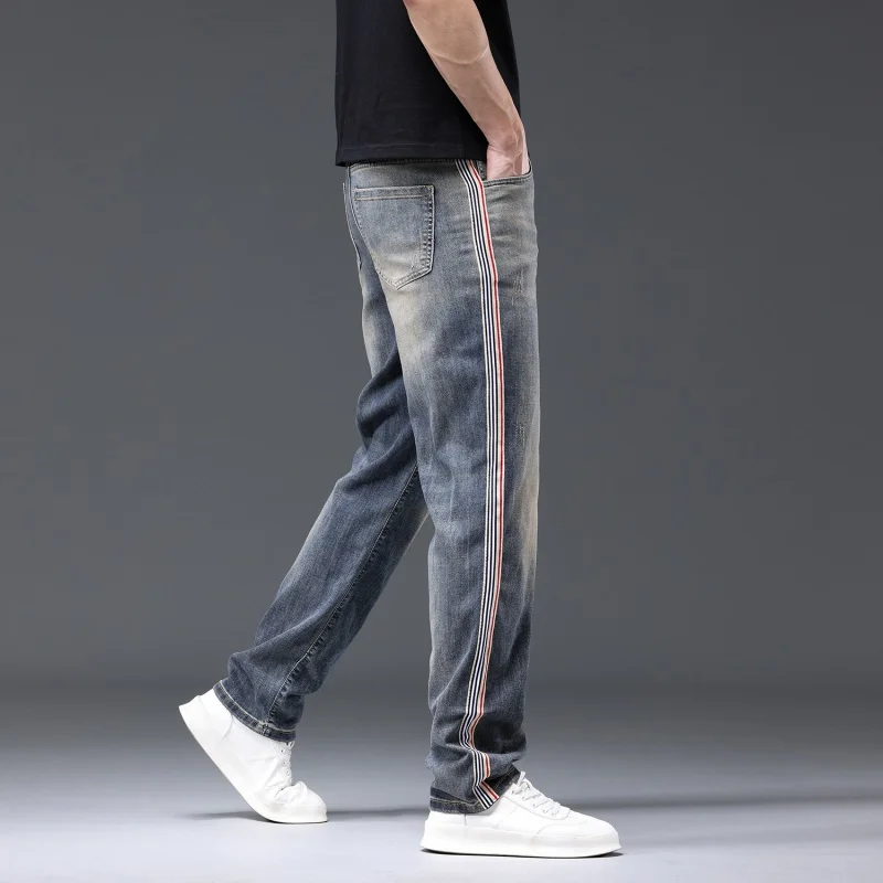 

2024 Spring and Summer New Jeans Men's Straight Elastic Casual Cool Sports Line Design Street Retro Blue Smart Trousers