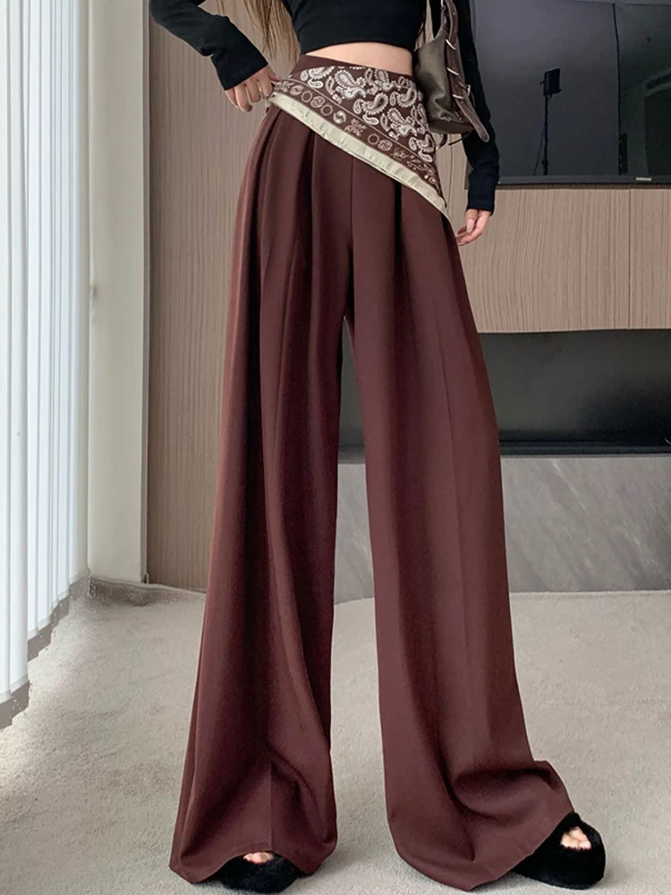 Red Wide Leg Pants Women's Autumn/Winter Fashion Versatile Fake Two piece Casual Suit Pants High Waist Straight Leg Floor Pants