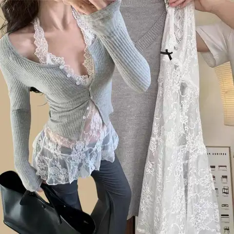 한국어 새 레이스 캐미솔 레이스 홀터 드레스 짧은 스커트 민소매 홀터 탑 Y2k 의류 탱크 탑 섹시한 비치웨어 레이스 스커트