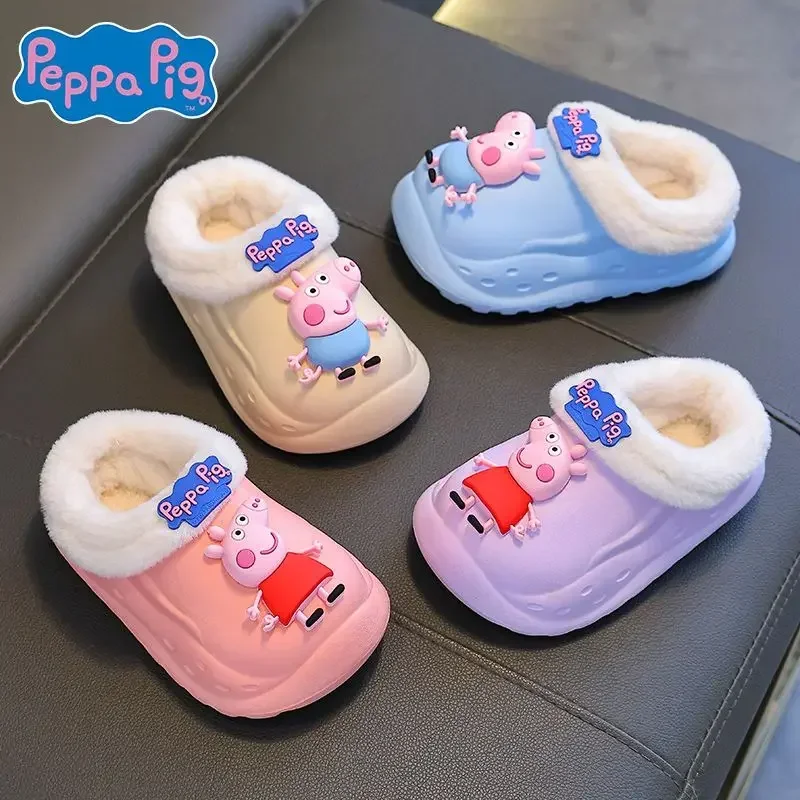 Peppa Pig Winter with Heel Warm Cotton Slippers Cartoon Waterproof Non Slip Home Slippers Kids Slipper Footwear Christmas Gifts