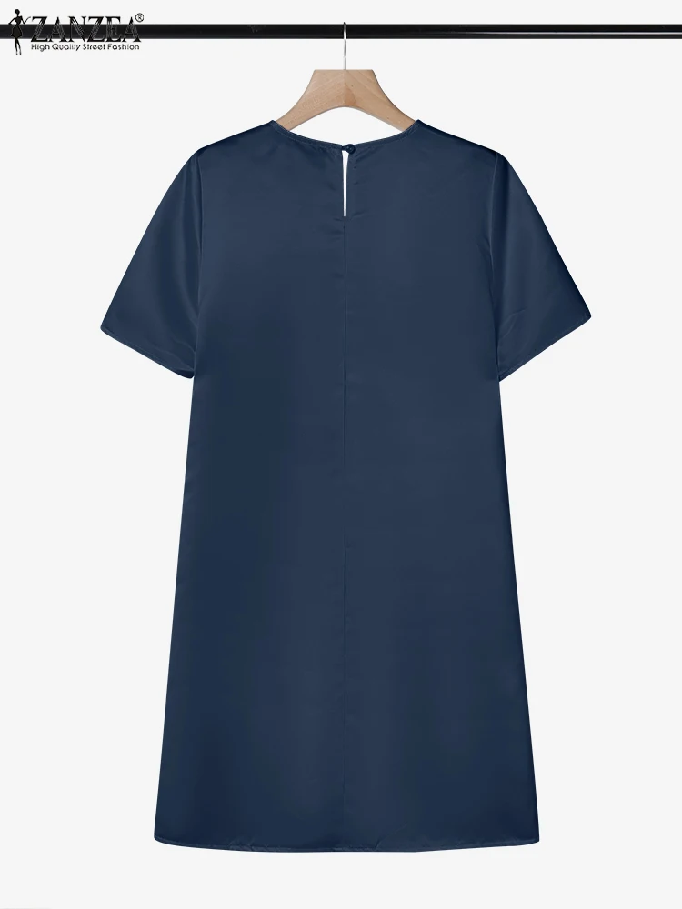 ZANZEA Woman Elegant Floral Print Satin A-line Dresses Summer Casual O-Neck Short Sleeve Knee-length Robes Day Wear Vestidos