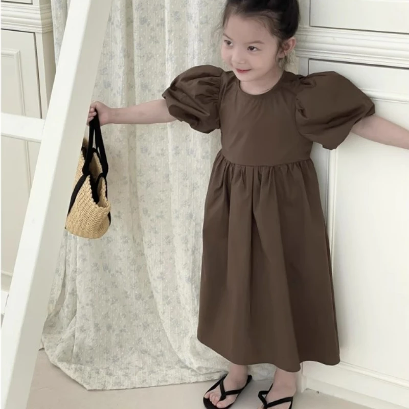 New Girls' Bubble Sleeve Backless Dress Brown Green for Summer Wear Fashion for Travel for Children Aged 2-7 Years Girls Dress