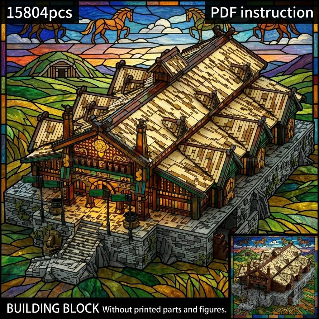 

Rings Movie Kingdom Golden Hall MOC Block Model Medieval Timber Fortress on Stone Base for 251615 moc