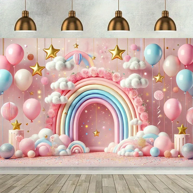 خلفية سحابة قوس قزح، مشهد حالم مع بالونات ونجوم، اختيار مثالي للاحتفال بعيد الميلاد، لا حاجة للكهرباء