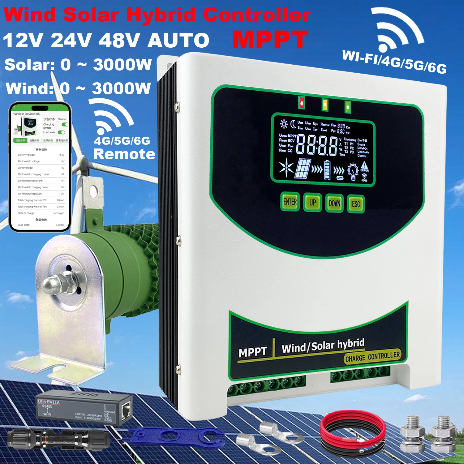 MPPT Wind Solar Hybrid Charge Controller Wind 1200W & Solar 1000W 12/24V/48V Automatic Hybrid Controller With Dump Load Resistor