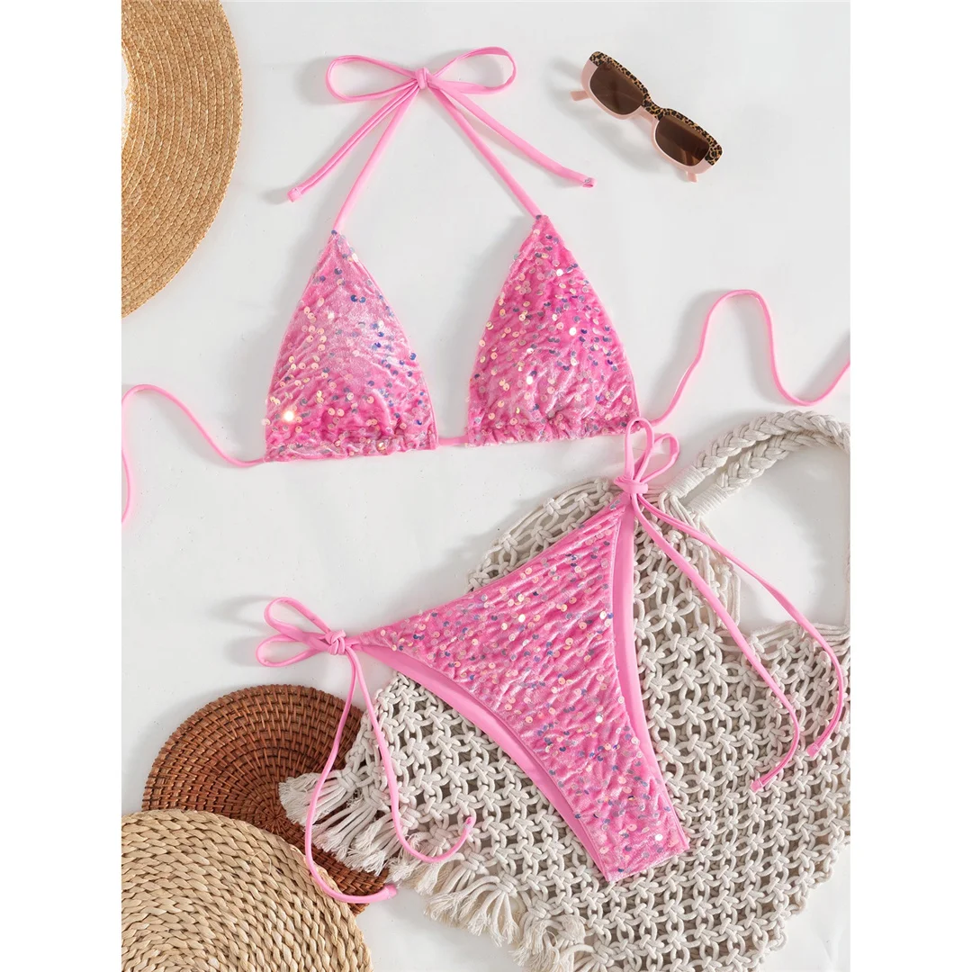 Pailletten-Bikini mit Neckholder, Damen-Badebekleidung, zweiteiliges Bikini-Set, mit Trägern, hoch geschnitten, Badeanzug, Badebekleidung, Modell V8326. – Detail 2