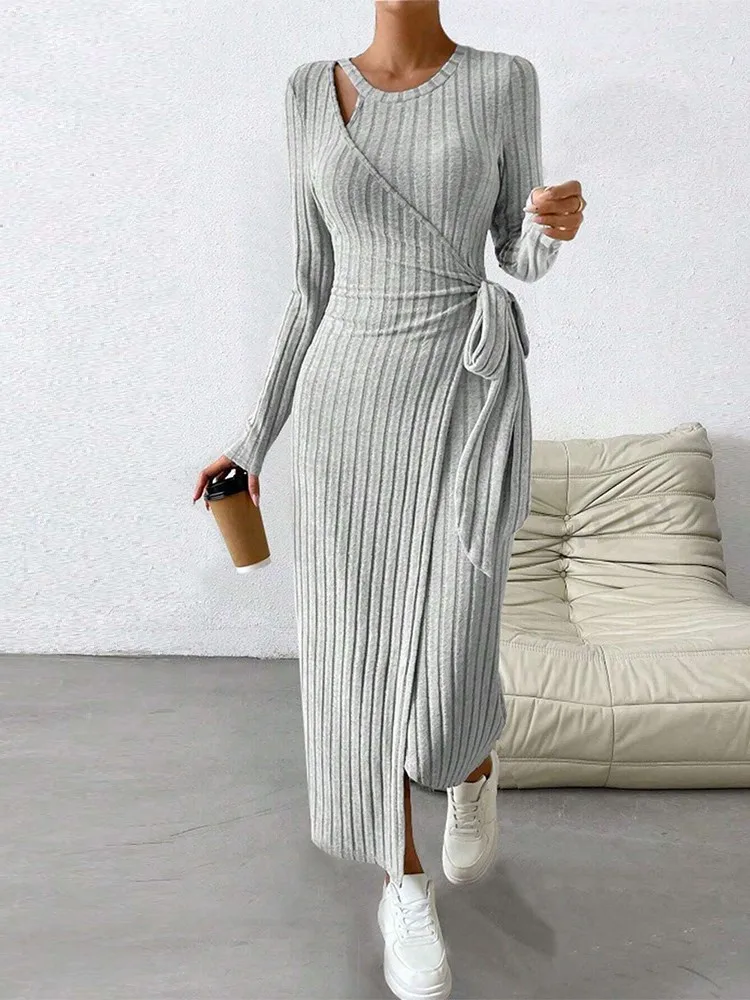 

Dresses For Woman Knitted Long Evening Party Dress Solid Color Leace-up Vestidos Hollow Out Robe Long Sleeves Slim Trendy Casual