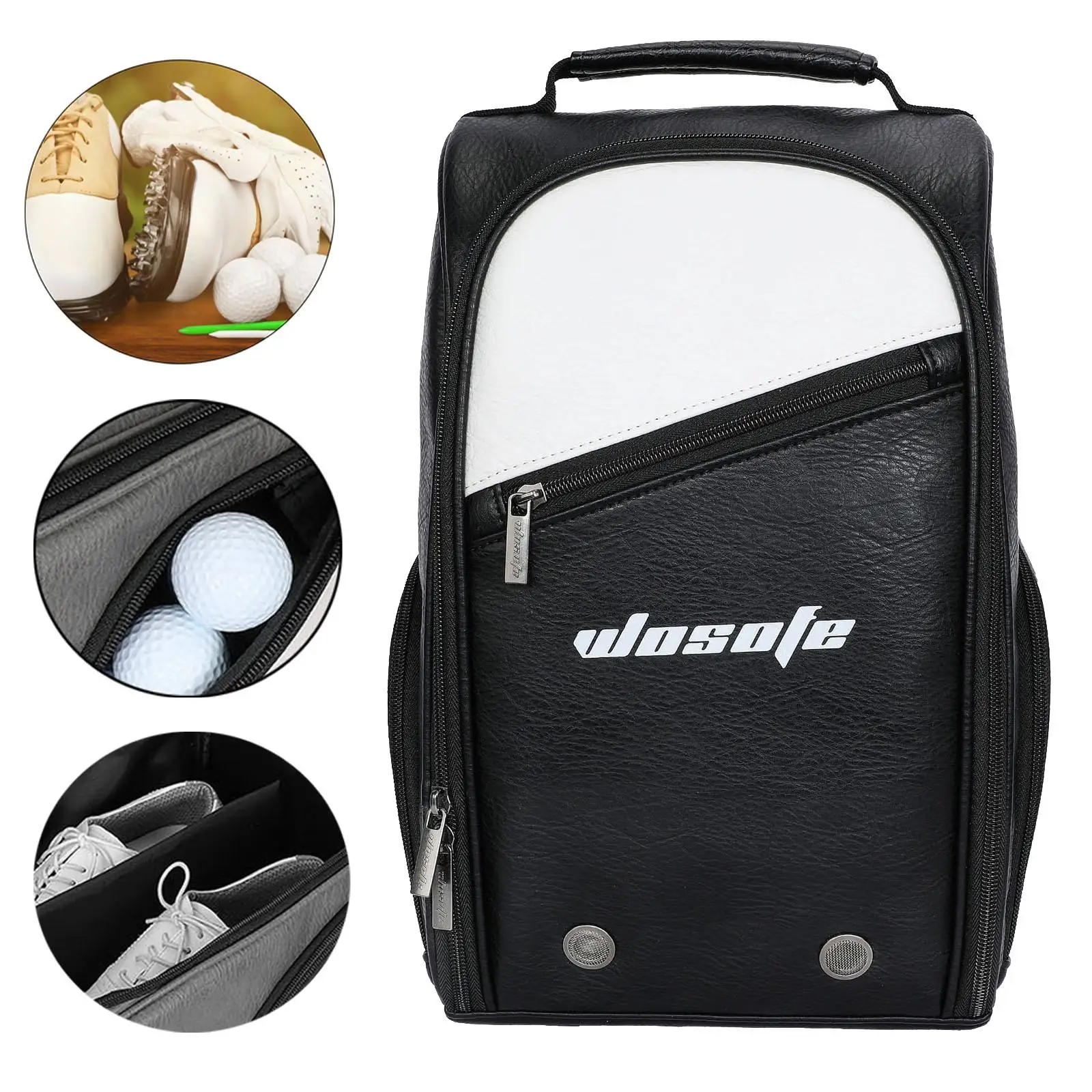 Golf Shoe Bag Organizer PU Leather Look Zippered Tote Side Accessory Pocket Travel Shoe Pouch for Golf Items