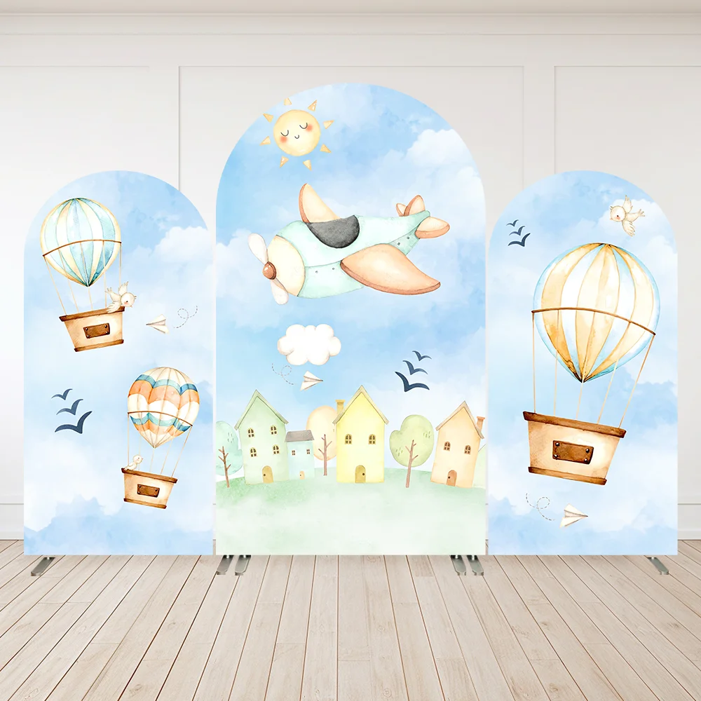

Newborn Baby Shower Decoration Arch Backdrop Cover Blue Sky White Clouds Hot Air Balloons Arched Wall Background Banner