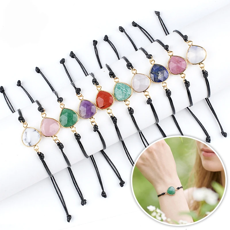 Bohemian Adjustable Braided Rope Bracelet Teardrop Faceted Natural Stone Charm Bracelet Multi‑Color Crystal Fashion Hand Jewelry