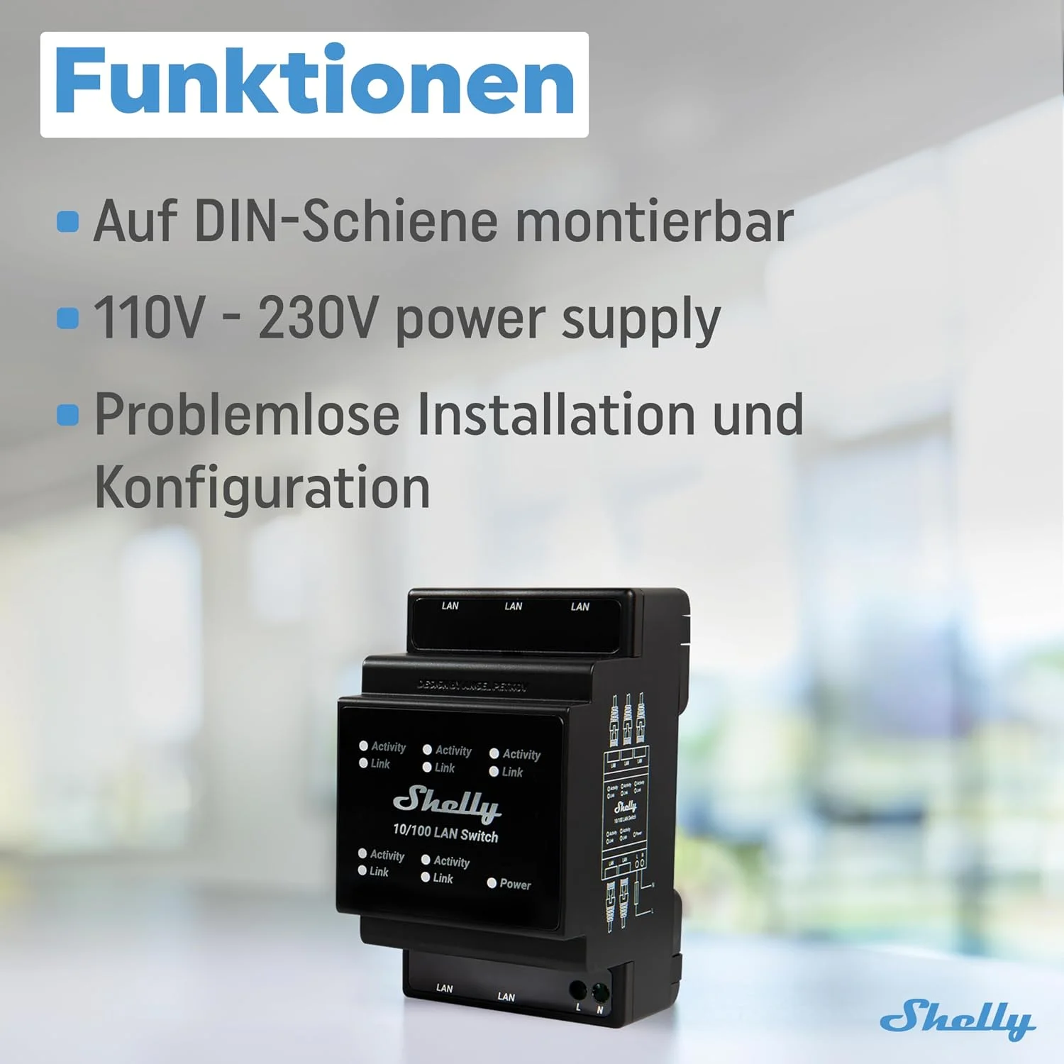Shelly LAN Switch Ethernet Network Switch for DIN Rail 10/100 Mbps 5 RJ45 Ports 110 V - 230 V Easy Installation Plug & Play