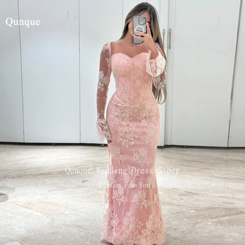 

Qunque Pink Tulle Mermaid Prom Party Dresses Customized Lace Appliques Vestidos De Noche See Through Cap Sleeves Robes De Soirée