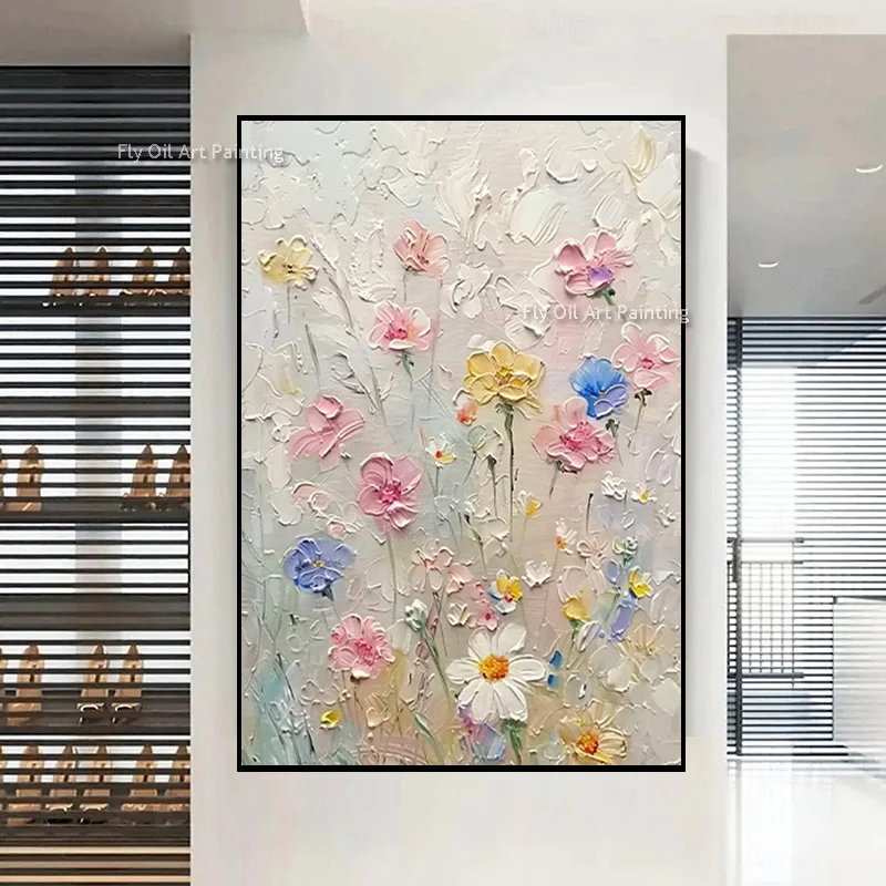 Gentle Textured Garden Wall Art, Hand‑Crafted Thick‑Paint Oil Canvas, Delicate Botanical Contemporary Entryway Statement Piece