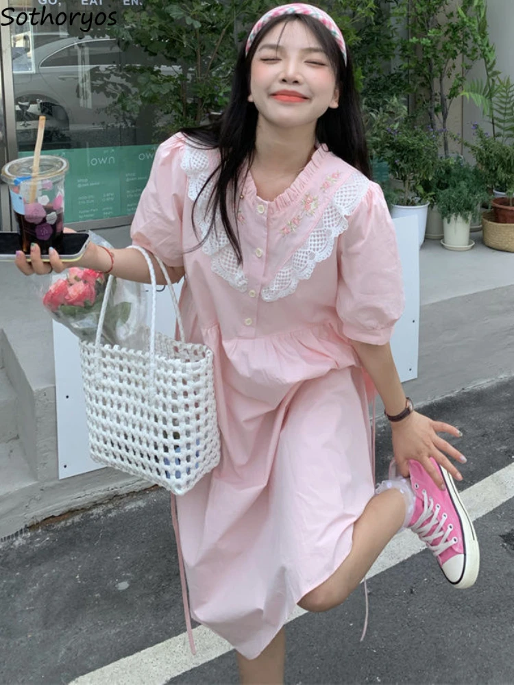 

Midi Dresses Women Daily Pink Sweet Embroidery Design Simple Elegant Korean Style Fashion Students Puff Sleeve New Casual Summer