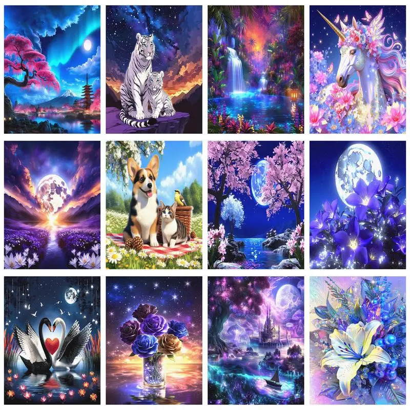 

GATYZTORY Pictures By Numbers Purple Night Scene DIY Frame Painting By Numbers Lake HandPainted Unique Gift Home Decor