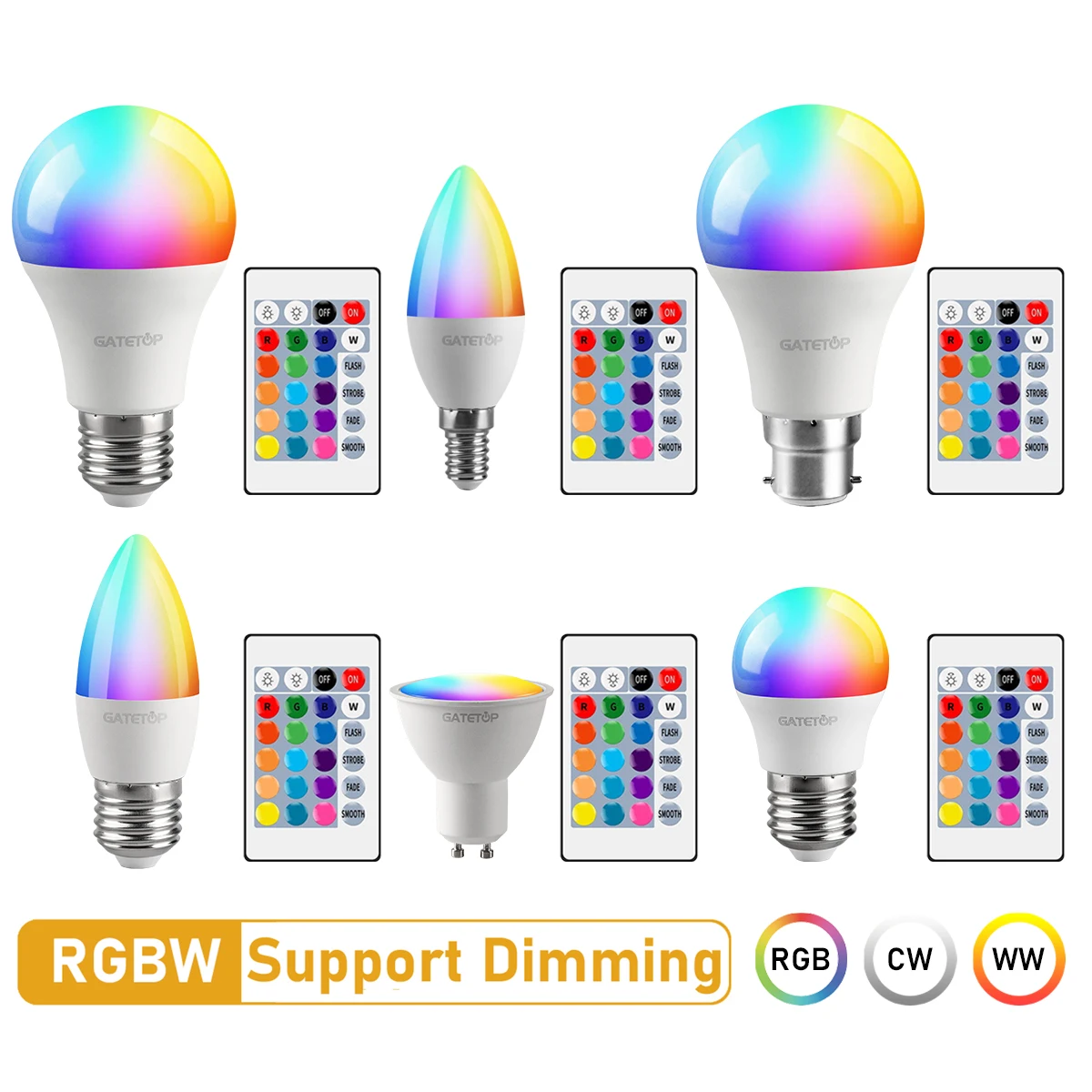 LED RGB 램프 전구, IR 원격 제어 스마트 RGBW 램프, 홈 데코, E27, E14, GU10, B22, AC120, AC220V, 6W, 10W, 로트 당 2 개