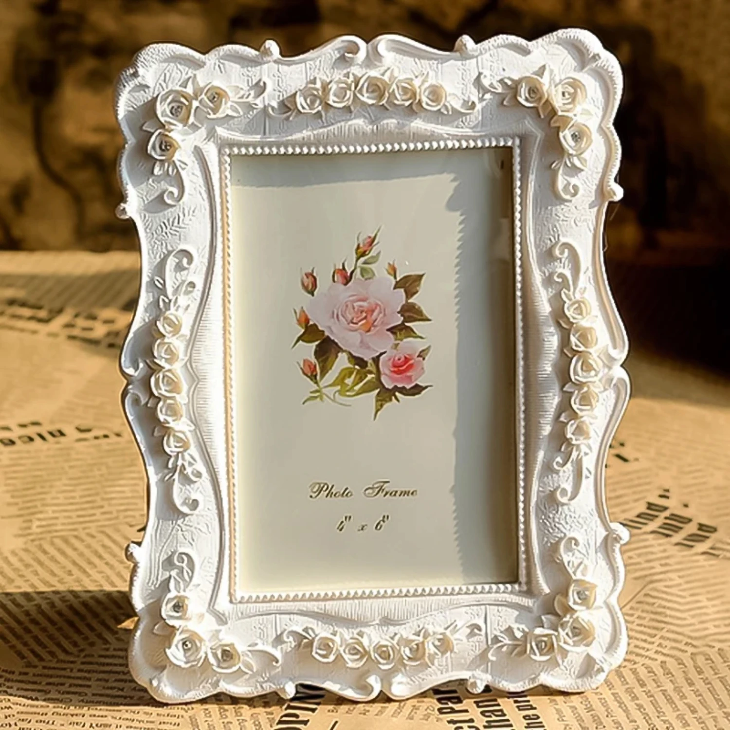 6/7/8inch White Color Resin Rose Frame European Style Photo Holder Desktop Ornaments Wedding Decor Gift