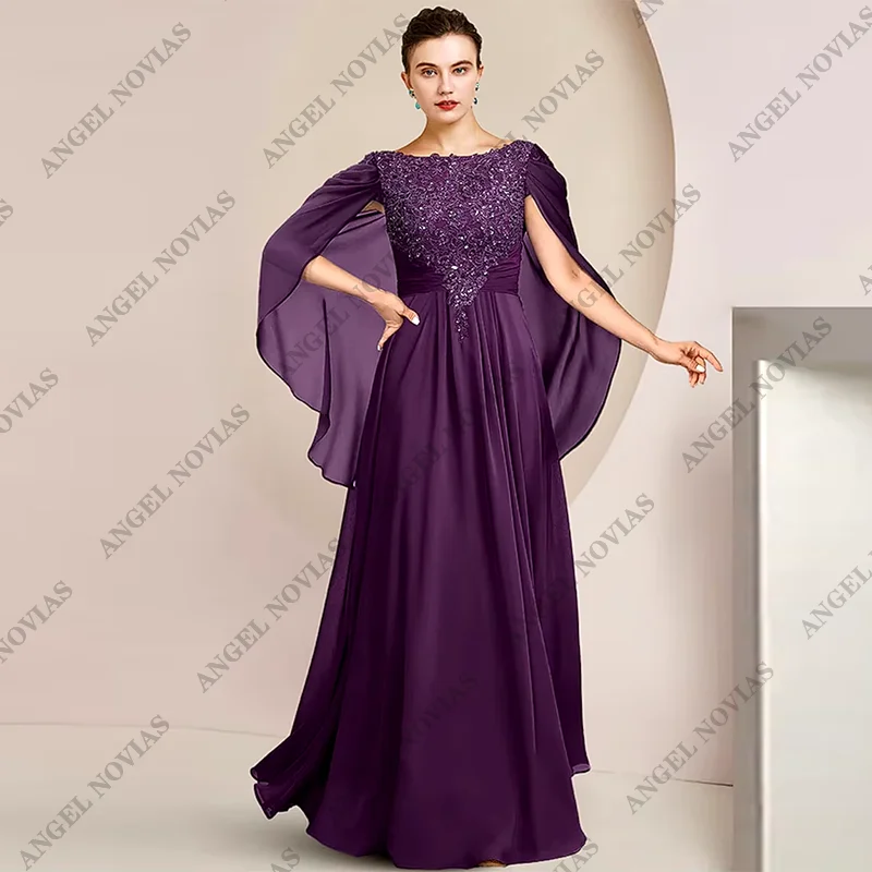 Customized A-Line Mother of the Bride Dress Formal Wedding Guest Elegant Scoop Neck Chiffon Lace  Beading Sequin Appliques