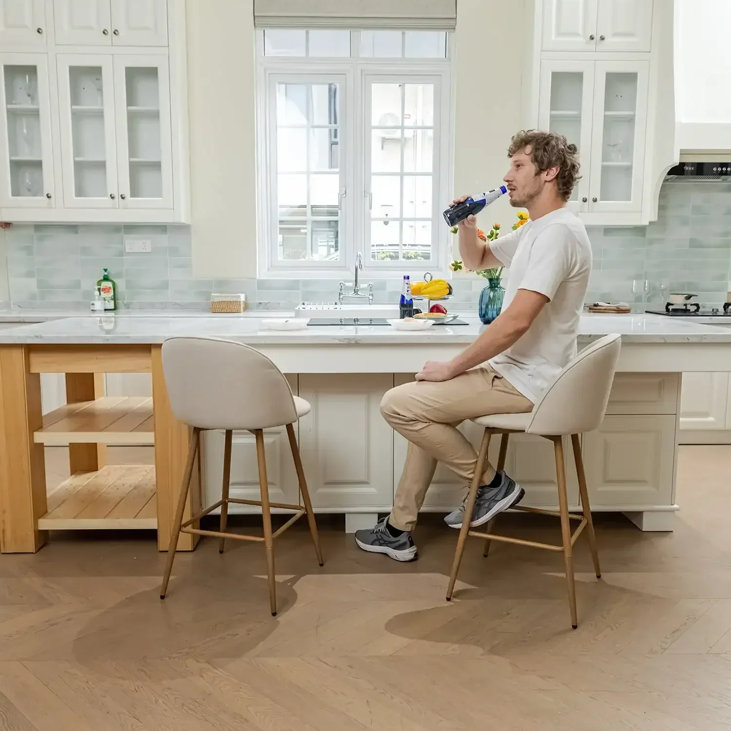 26" Counter Height Bar Stools Set of 2, Swivel Stools for Kitchen Island, Beige