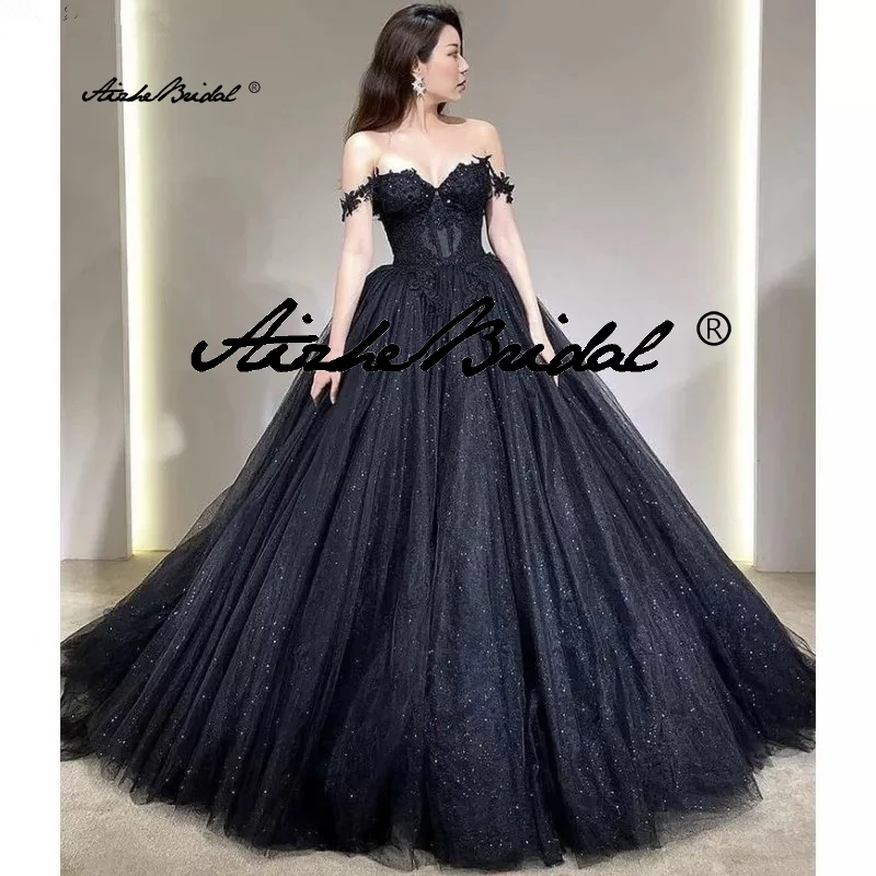 

Сексуальные платья для выпускного вечера Милая трапеция из тюля с кружевной аппликацией и открытой спиной Vestidos De Gala с открытыми плечами Черные вечерние платья