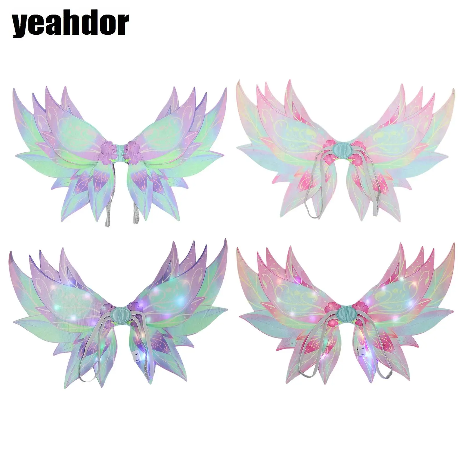 Lovely Butterfly Fairy Wings for Kids Girls Gradient Double Wings Light Up LED Flower Elf Wings Halloween Cosplay Props