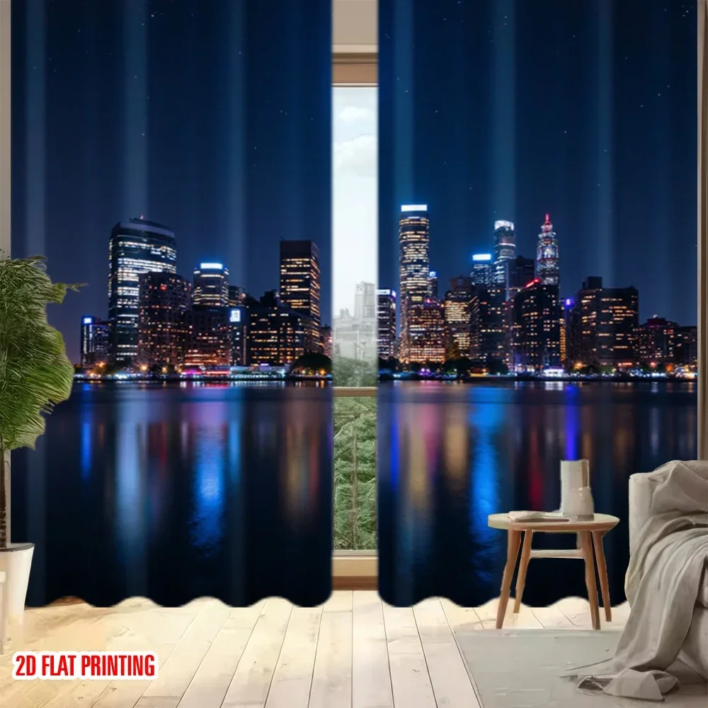 Vibrant City Skyline Night View Curtain Panels for Living Room Bedroom Home Decor Window Treatment