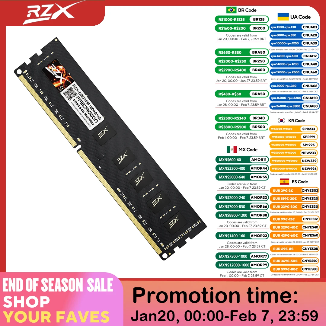 RZX DDR3 Memoria 8GB 4GB 1.5V 240pin 1600MHz PC3 Udimm DIMM Desktop Memory RAM