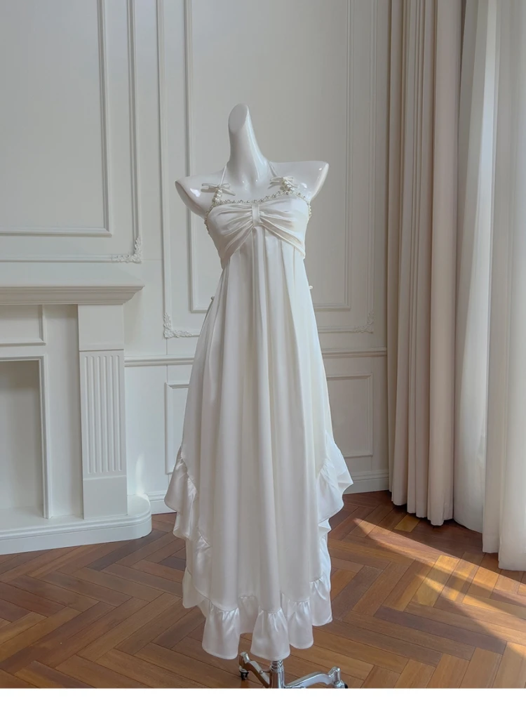 Ele White Asimmetrico Pearl Strapl Dr con finiture in pizzo Holiday Dr Casual Date Dr Gonna a trapezio a vita alta