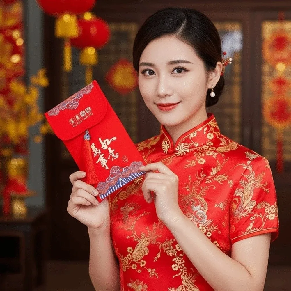 

Traditional Spring Festival Red Envelope Tassels Printed Children's Money Bag Thickened Spring Festival Supplies