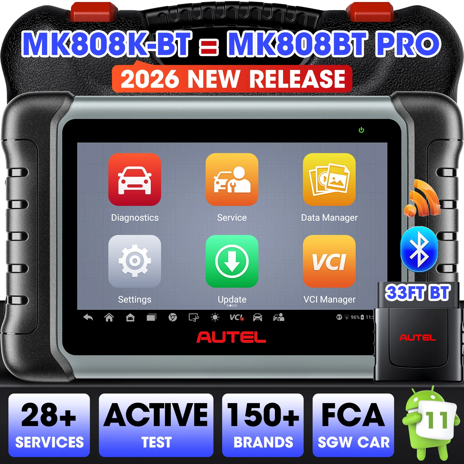 Autel MaxiCOM MK808K-BT OBD2 Diagnostic Device Same as MK808BT Pro 2024 Bidirectional Upgrade of MK808S MX808S, BT Ver. of MX900, Active Test, 28+ Service, All System Scan Tool, Battery Test