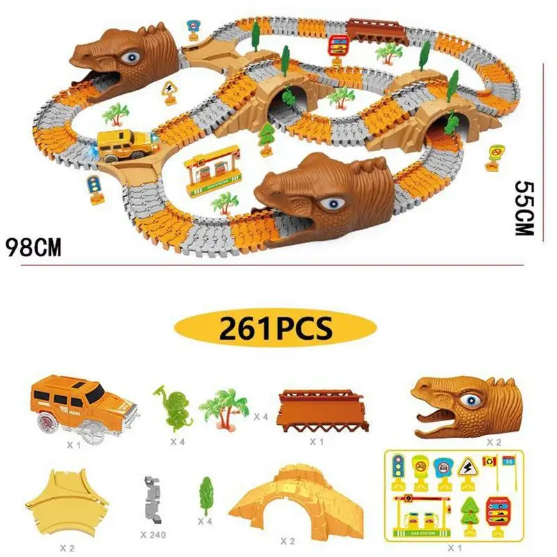 Toy Car Track Set Dinosaur Toy Car Tracks Puzzle DIY Assembling Electric Trolley Car Track Playset Realistic Montessori