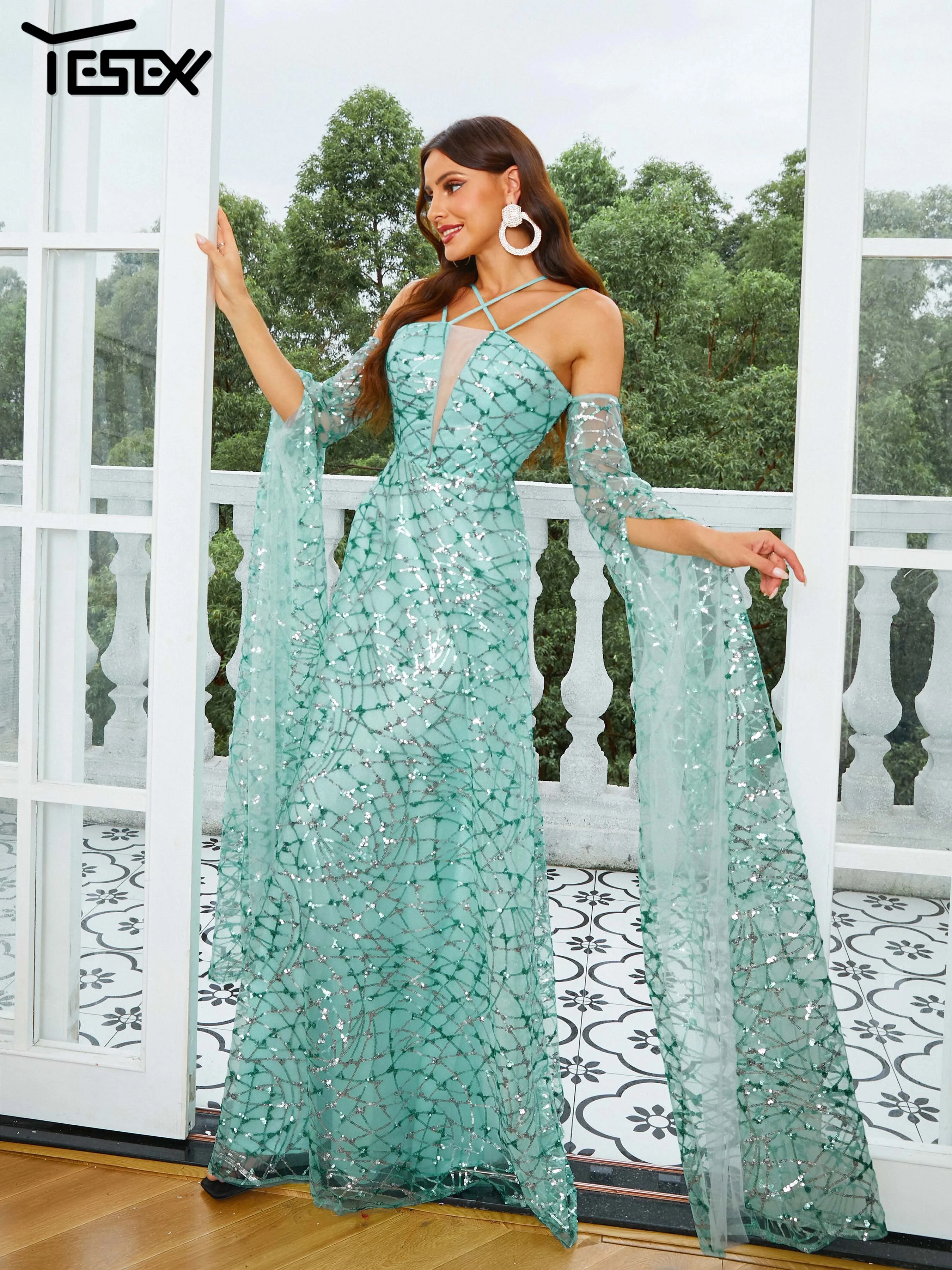 

Yesexy New Green Luxury Sequins Celebrity Dress Sexy Spaghetti Strap A-line Glitter Lady Prom Party Gown Evening Dress