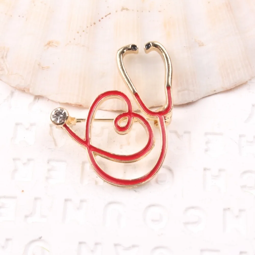Alloy Stethoscope Brooch with Enamel Red Design Rhinestone Accent Delicate Style for Medical Staff Clothing Accessory Decoration