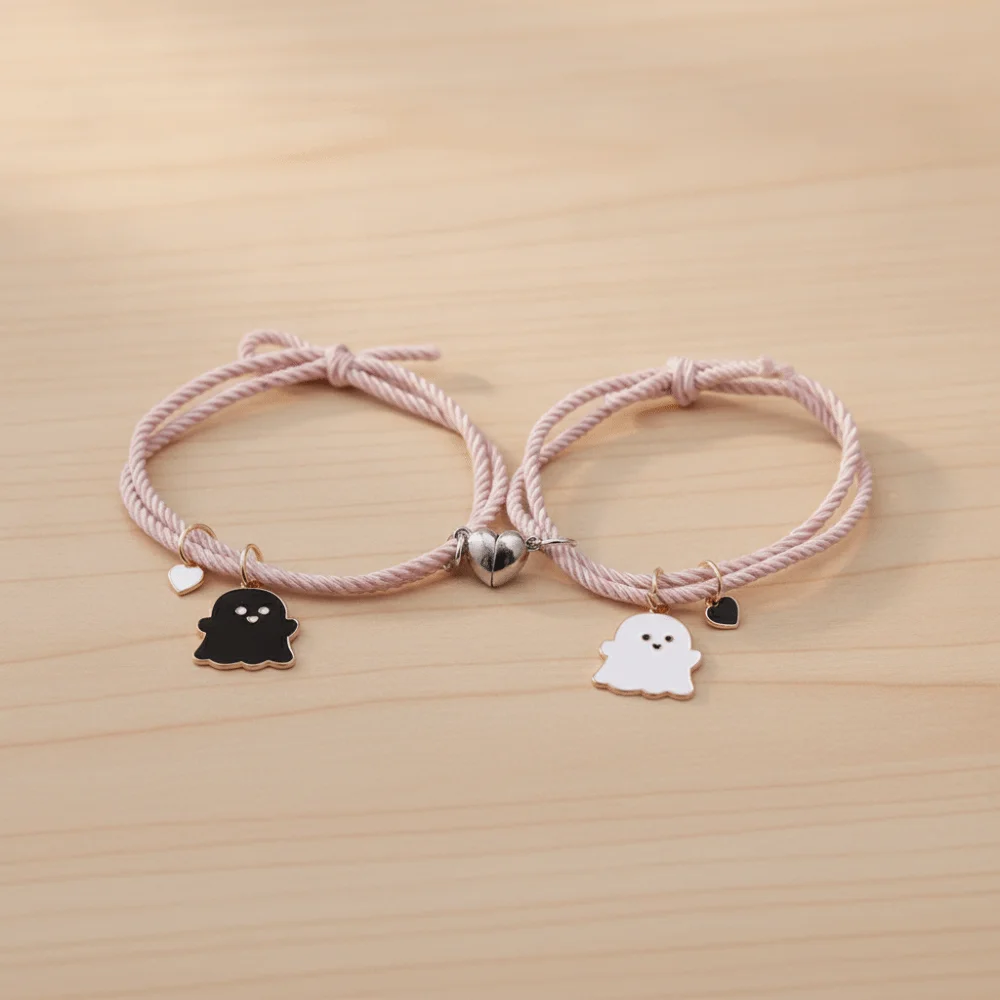 Halloween Cartoon Ghost Magnetic Rope Bracelet Love Heart Magnet Black White Ghost String Magnetic Bracelet Multicolor 1 Pair