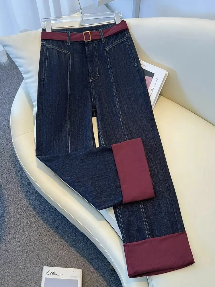 Kleurblokkerde patchwork-jeans voor dames in grote maten, losse broek met rechte pijpen, afslankende broek met hoge taille en wijde pijpen
