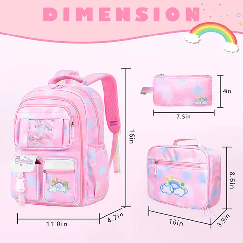 Imagen 2 del producto Mochila escolar para niñas de gran capacidad, bolso escolar para niños con bolsa de transporte para almuerzo, mochila de viaje, regalo para niños, 3 uds.