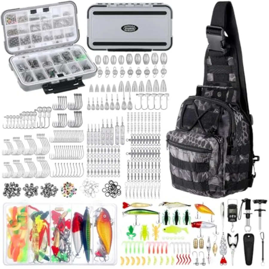 

482 Pcs Fishing Tools Kit with Fish Hooks Lures Hook Remover Lip Gripper in Black for Outdoor Fishing Accessories Kit for Men W