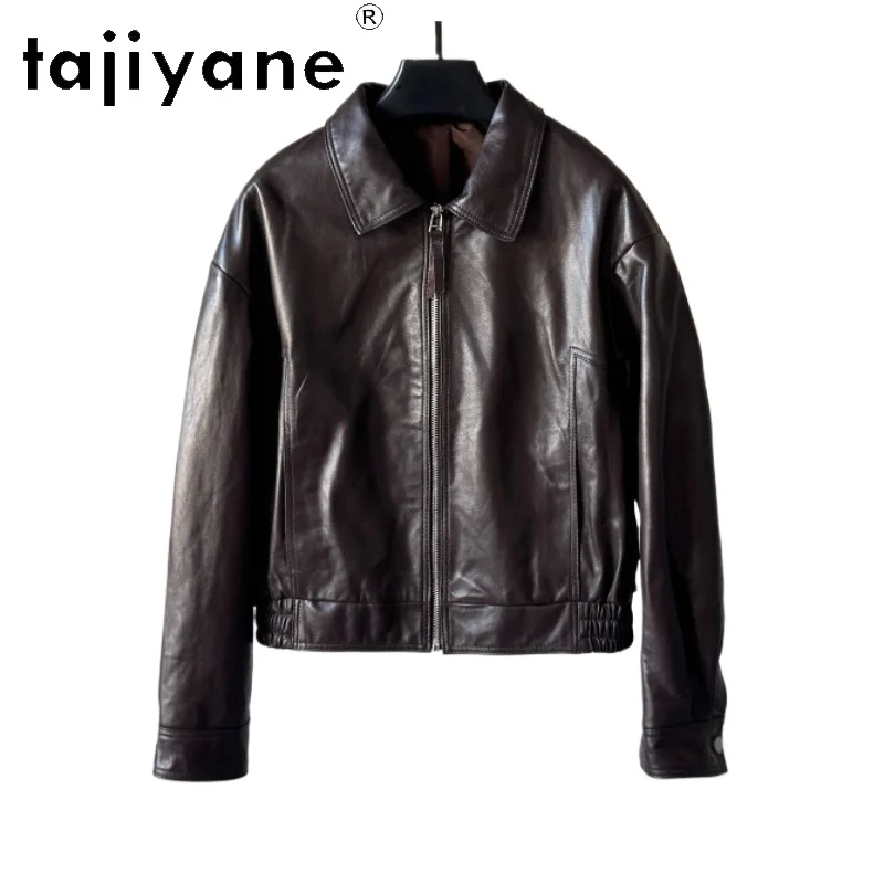 

TAJIYANE Real Leather Jacket Women Lapel Oil Wax Leather Coats Slim-fit Motorcycle Jackets for Woman Chic Jacket Jaqueta Short