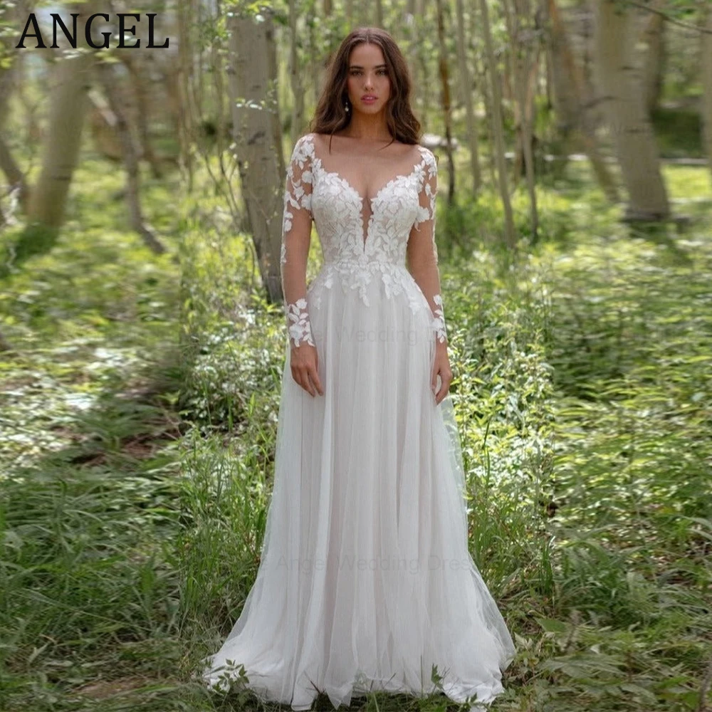 

ANGEL Applique Wedding Dresses Boho Style Scoop Long Sleeves Bride Party Gowns Tulle A-Line Classic Backless vestido de noiva