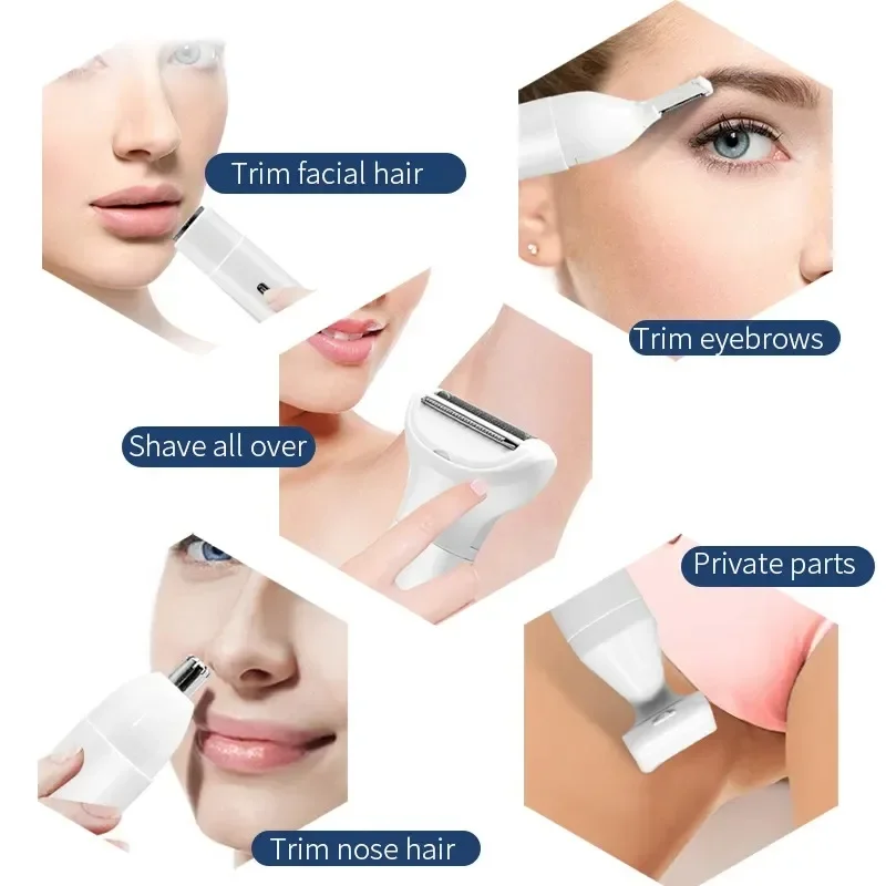 Depilação facial indolor 5 em 1, navalha elétrica para mulheres recarregável e portátil aparador de sobrancelha aparador de biquíni removedor de pelos