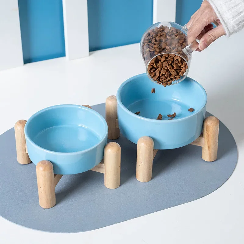 

New Ceramic Anti-slip Pet Bowl for Dogs Pet Bowls Cat Dog Feeder with Wood Stand Cat Dog Food Bowl Cat Supplies
