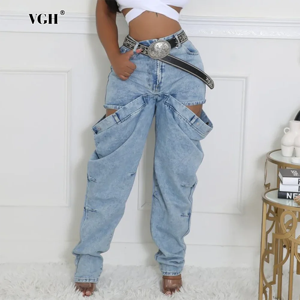 

VGH Detachable Denim Trousers For Women High Waist Patchwork Pockets Solid Chic Long Pants Female Fashion Clothing 2024 Style