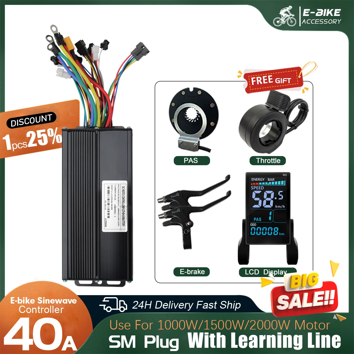 

36V 48V 52V 40A 1000W 1500W 2000W Ebike Sine Wave Three Mode Brushless Controller with UKC1 LCD Kit for Electric Bike E-Scooter