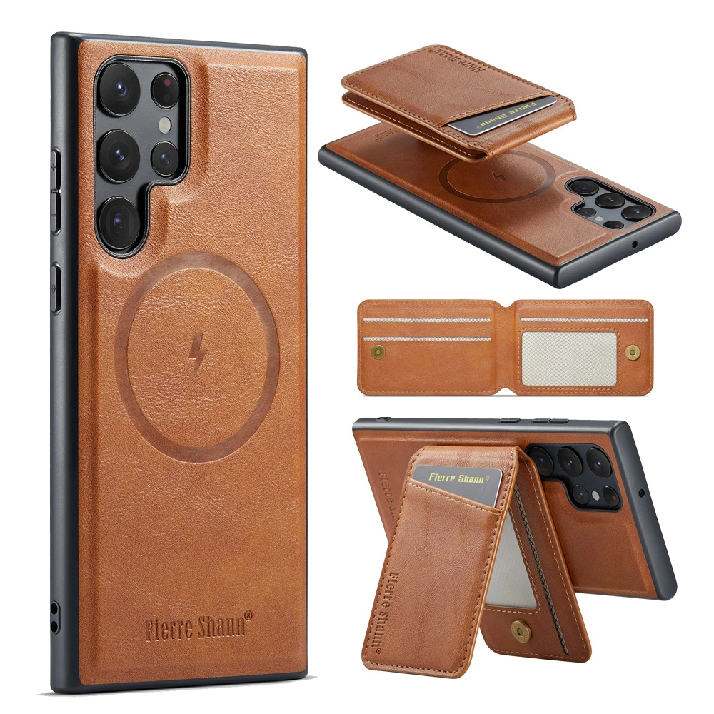 Leather for Magsafe Phone Case for Samsung Galaxy S24 S25 S26 Ultra S22 Plus S23 FE Bracket Magnetic Cover with Card Holder L025