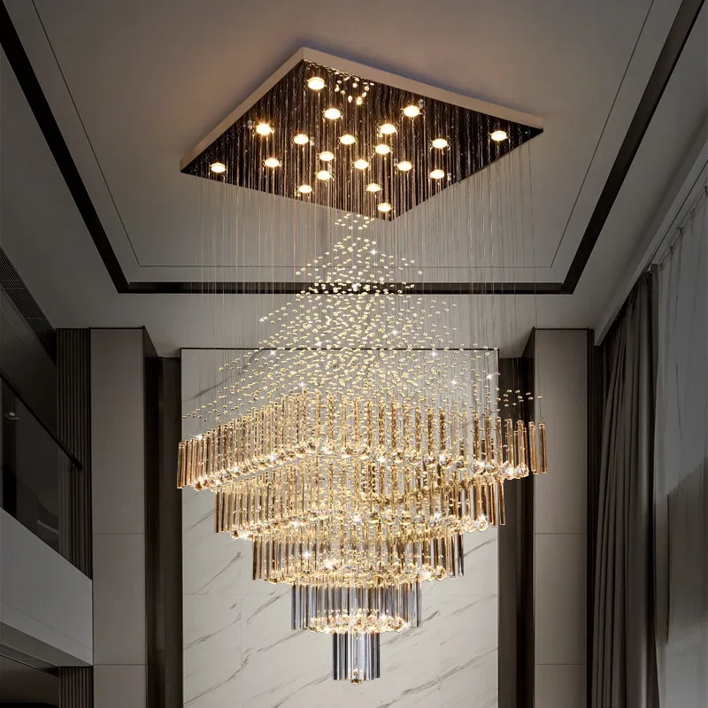 

Modern Ceiling Chandelier For Living Room Columnar Crystal Hanging Lamp Square Base Light Fixture Staircase Loft Cristal Lustre