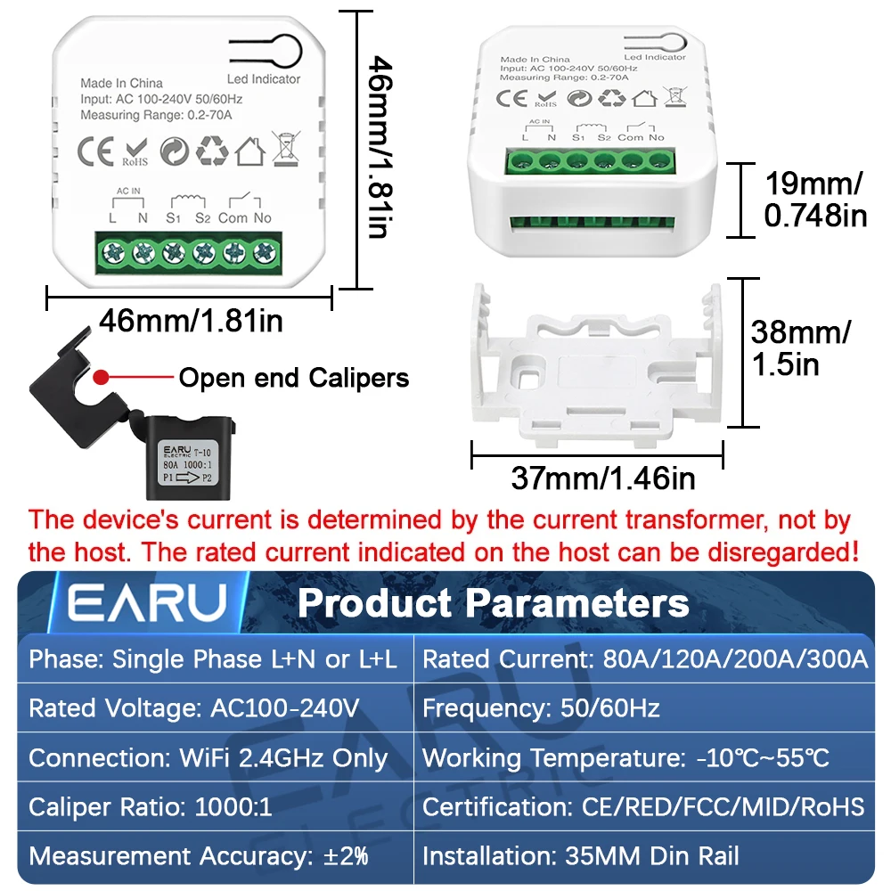 EARU 110V 220V EWeLink WiFi Smart Current Voltage Power Energy kWh Meter App Remote Monitor with Current Transformer CT Clmap