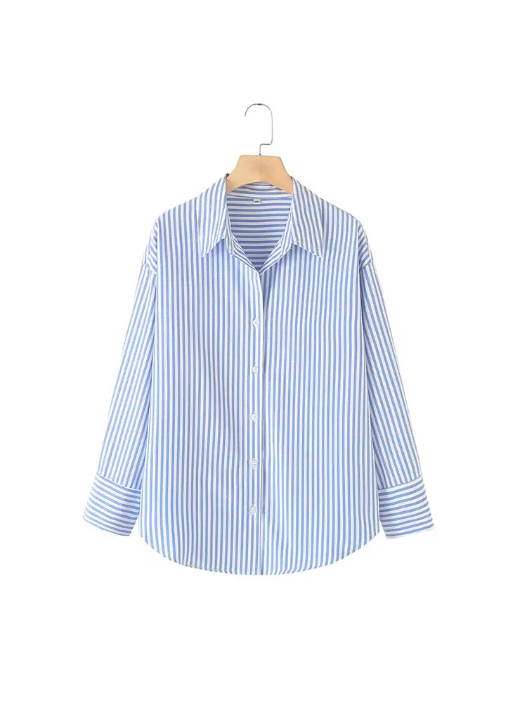 TRAF 2024 Summer Autumn Casual Striped Print V Neck Shirts Women Long Sleeve Oversized Office Lady Shirts Fashion Blouses Top