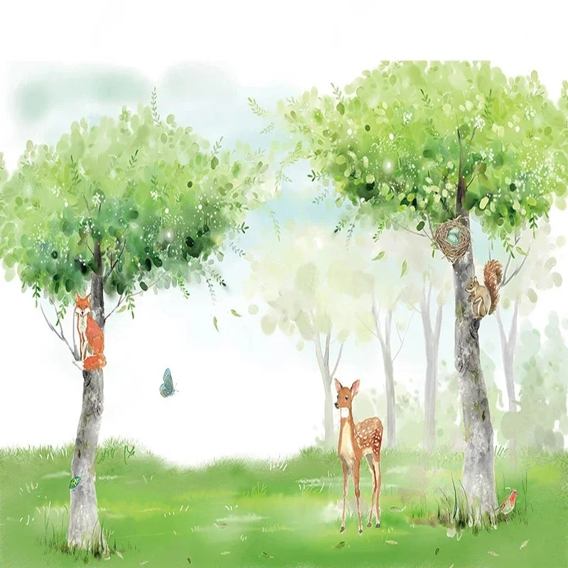 วอลล์เปเปอร์วาดด้วยมือสัตว์ป่า Fawn Pine Tree ภาพจิตรกรรมฝาผนังห้องนั่งเล่นห้องนอนฉากหลังทีวีผนังผ้าตกแต่ง Papel De Parede