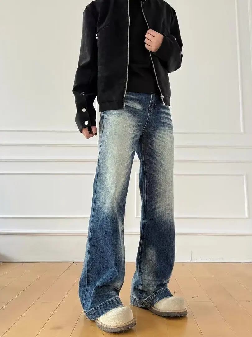 

Waed Blue Men's Jeans High Street Straight Loose Micro Flare Denim Pants mid Waist Zipper Casual Wear Resistant And Non Def...